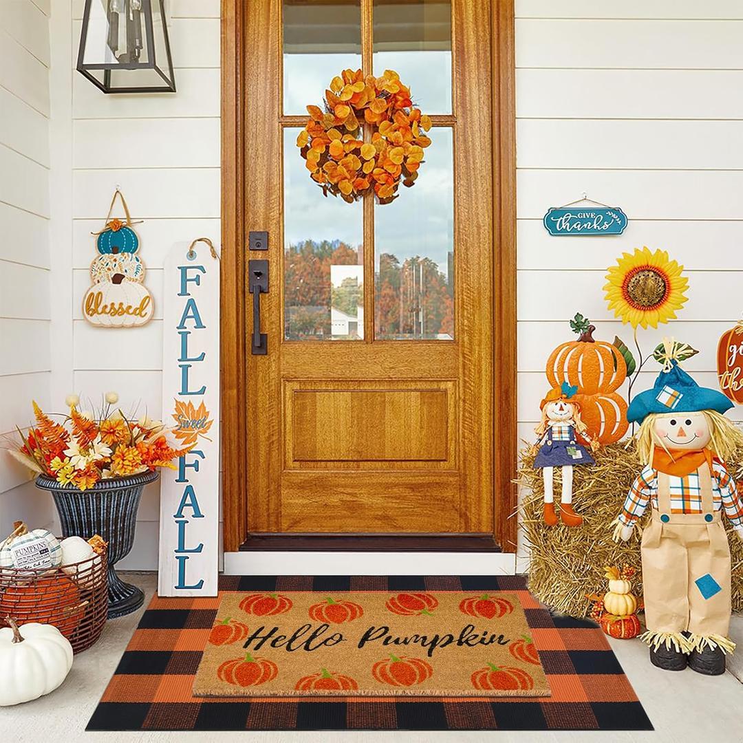 Fall Decor Door Mat Combo Set, Hello Pumpkin Coco Coir Welcome Doormat + 28" x 43" Orange and Black Plaid Rug, Autumn Thanksgiving Front Porch Entryway Decor Floor Mats