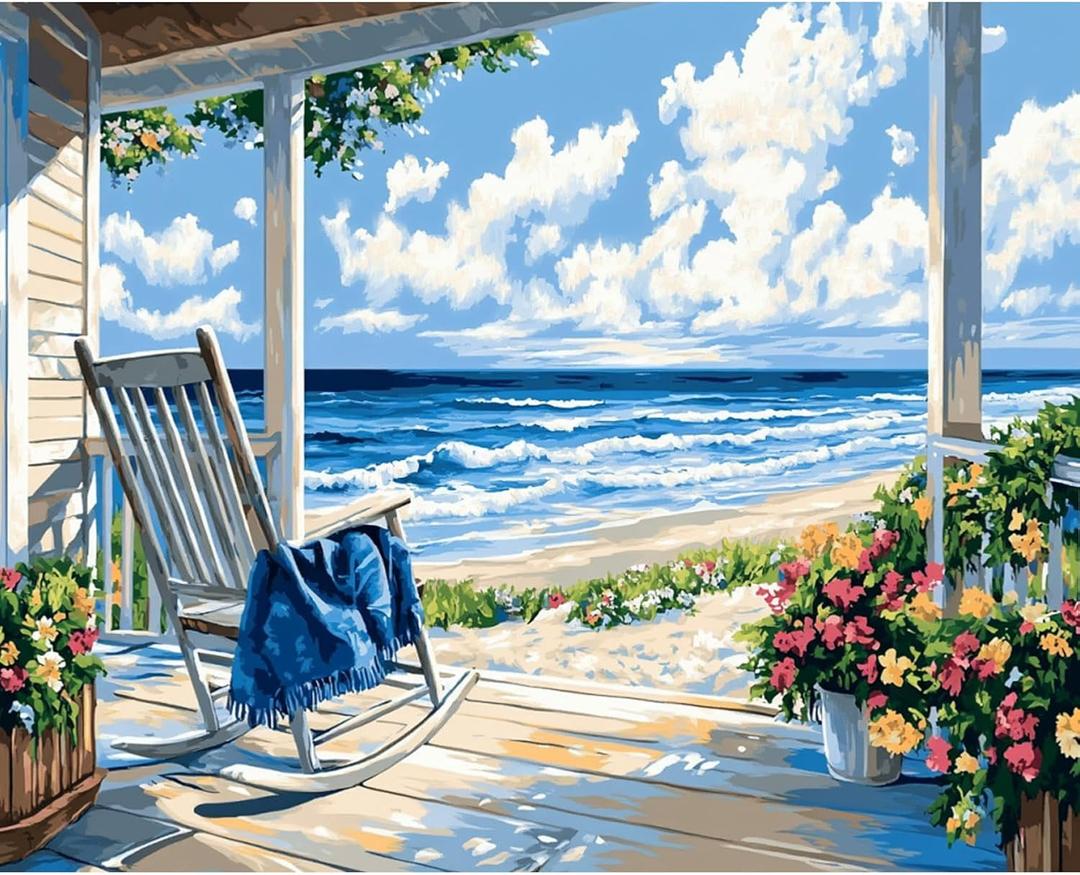 Beach Paint by Numbers Kit for Adults Beginner Landscape Oil Painting Kit Adult Paint by Number Kits on Canvas Ocean DIY Painting for Beginners Art by Numbers for Gifts Home Wall Decor 16x20 Inch (YF030)