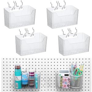 Suzile 4 Pcs Pegboard Bins Plastic Bins Set 7.9 x 3.3 x 4.7'' Pegboard Containers with Metal Hooks Organizing Assortment Accessories for Organizing Storage Tools Storage Workbench Garage (Clear)