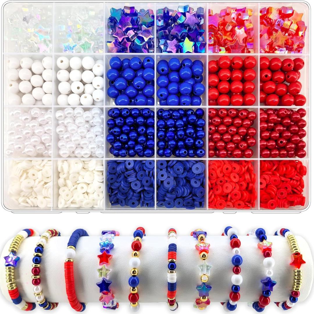 1938Pcs Red White Blue Beads Kit, 4th of July Patriotic Clay Beads Star Beads Round 6mm Pearl Beads for Jewelry Making Independence Day Polymer Clay Beads Heishi Beads for Necklace Bracelets Earrings