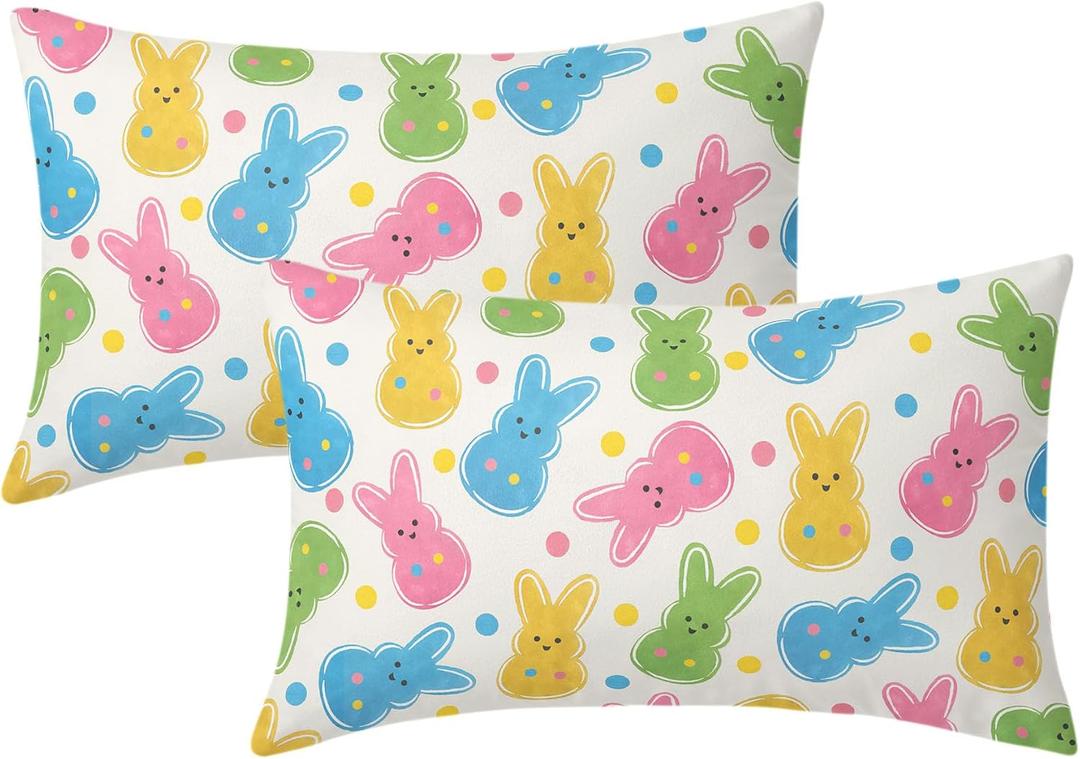Easter Lumbar Pillow Covers 12X20 Inch Polka Dots Colorful Bunnies Rabbit Pillow Cases Farmhouse Spring Decorative Holiday Peep Throw Pillows Set of 2 Home Party Decor for Sofa Couch Bed