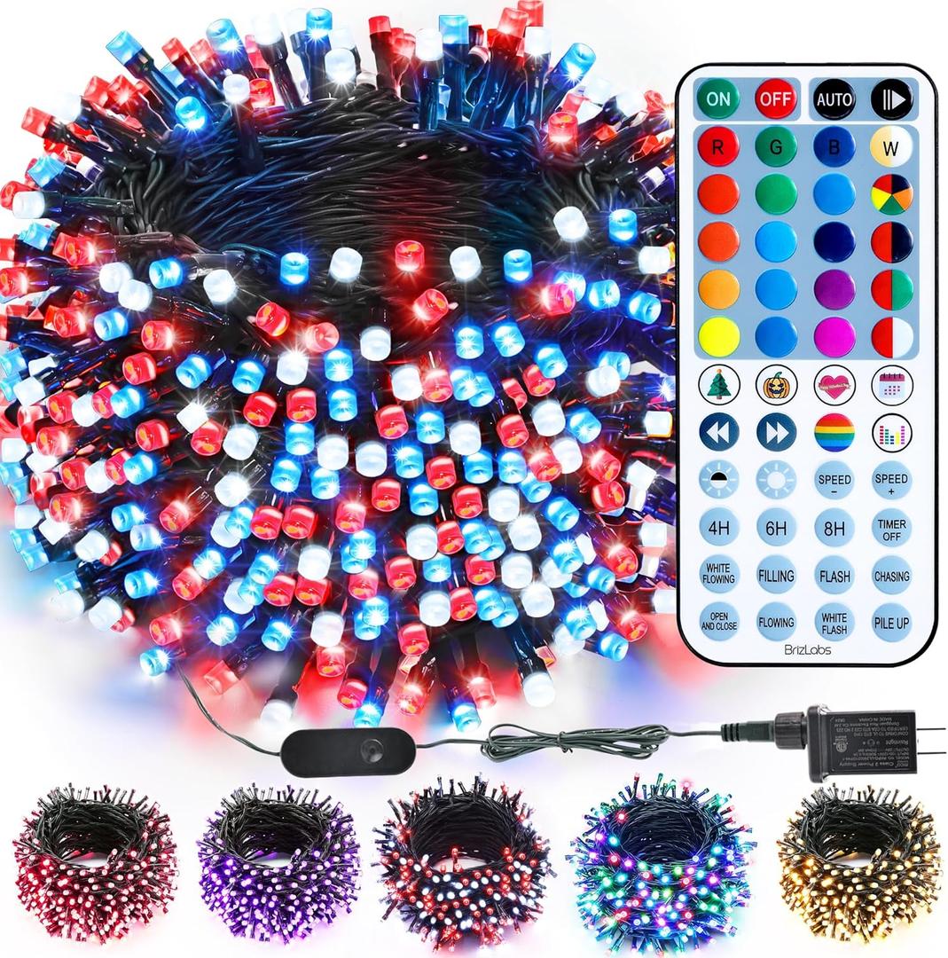 BrizLabs RGB + Warm White Christmas Lights, 98.5FT 300 LED Color Changing Red White Blue Patriotic String Lights with Remote, Dimmable Mini Light for Indoor Outdoor 4th of July Halloween Tree Decor (RGBW - Green Wire (Adaptor))