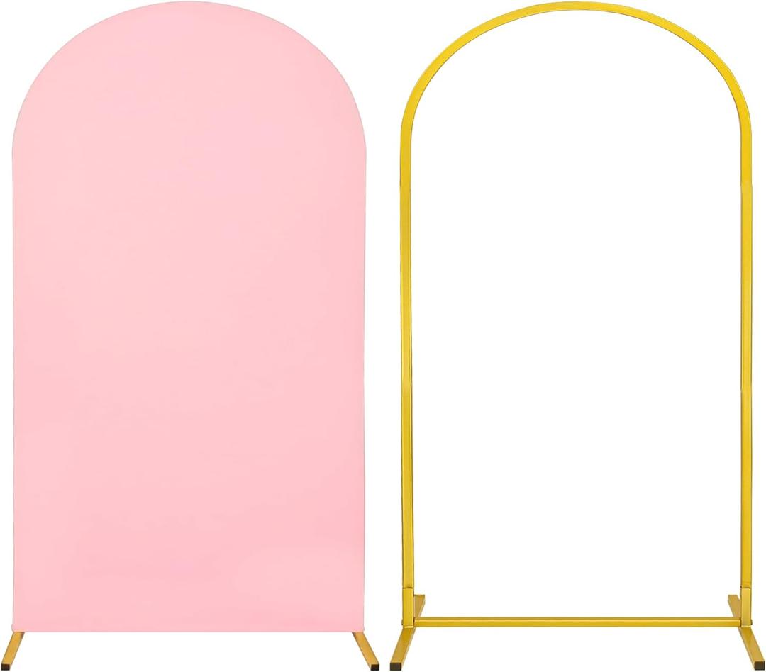 Metal Arch Stand and Cover Set,1 Pink Spandex Fitted Backdrop with 1 Gold Wedding Arched Stand Frame for Parties Birthday Baby Shower Bridal Banquet Decoration (7.2FT)