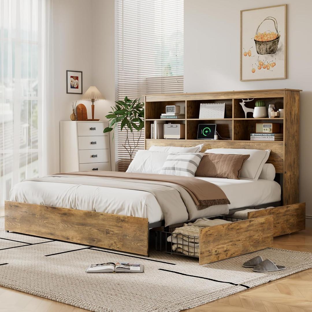 VECELO Full Size Bed Frame with 50" Tall Storage Bookcase Headboard, 4 Large Storage Drawers & Charging Station, Heavy-Duty Metal Slats/No Box Spring Needed, Rustic Brown