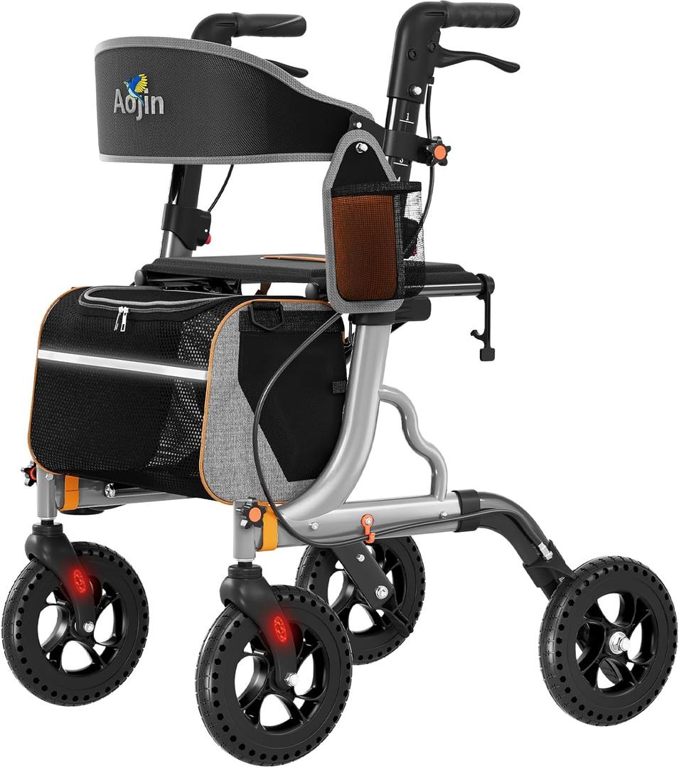 Rollator Walkers for Seniors with Seat, Foldable Walkers for Seniors, 8" All-Terrain Wheels, 18" Big Seat, 6-Level Adjustable Height Rolling Walker, 350 lb, Walker for Seniors & Adults (Sliver) (Silver)