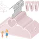 Kids Pink Velvet Clips Hangers - 13inch 50 Pack Baby Hanger with 20pcs Movable Clips, Stackable Non-Slip Heart Flocked Hangers Fit for Children and Toddler, Heavy-Duty and Space-Saving(Silver)