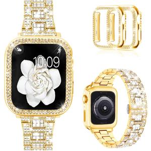 Mosonio Compatible with Apple Watch Band 42mm with Case Women, Bling Metal Wristband Strap with 2 Pack Bling PC Protective Cover for iWatch Series 3/ 2/ 1(42mm, Gold)