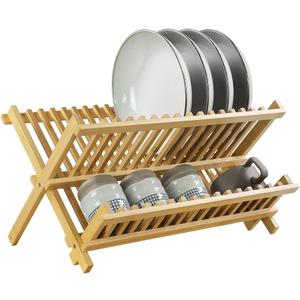 KKTONER Bamboo Dish Drying Rack 2 Tier Foldable Plate Organizer Collapsible Plate Organizer Holder for Kitchen Countertop (Natural)