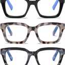 3 Pack Oversize Square Design Reading Glasses for Women, Blue Light Blocking Computer Reader (Black&Grey Leopard&Blue Leopard, 2.25)