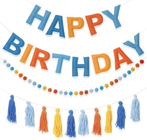 Pre-Strung Happy Birthday Banner Blue and Orange Party Decorations Felt Ball Garland Sign for Blue Dog Birthday Party Décor