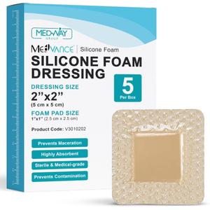 MedVance Bordered Adhesive Silicone Foam Dressing Pack of 10 - Waterproof Silicone Pad - Easy Apply & Remove Sterile Bandages - Wound Care & Dressings for Burns & More (2"x2" Bandage, 1"x1" Pad)