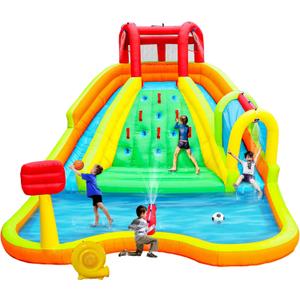 Inflatable Water Double Slides Park, Bounce House with Arched Water Gun Spray, Jumping Castle with Air Blower