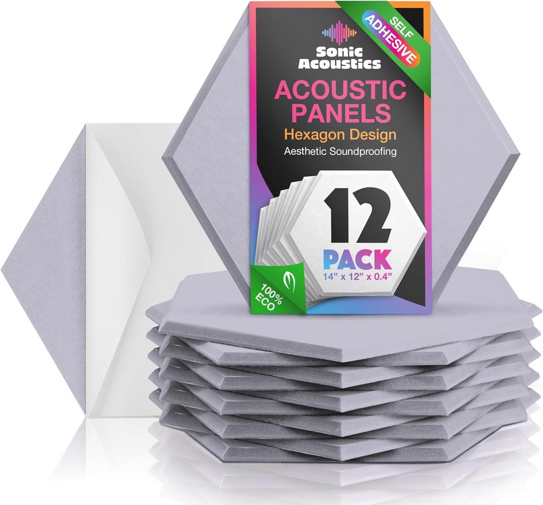 Self-Adhesive Acoustic Panels, 12 Pack Hexagon Sound Proof Foam Panels for Walls, High Density Noise Dampening Panels, 14"x 12"x 0.4" Sound Absorbing Panel for Home Studio Office-Moonlight Gray