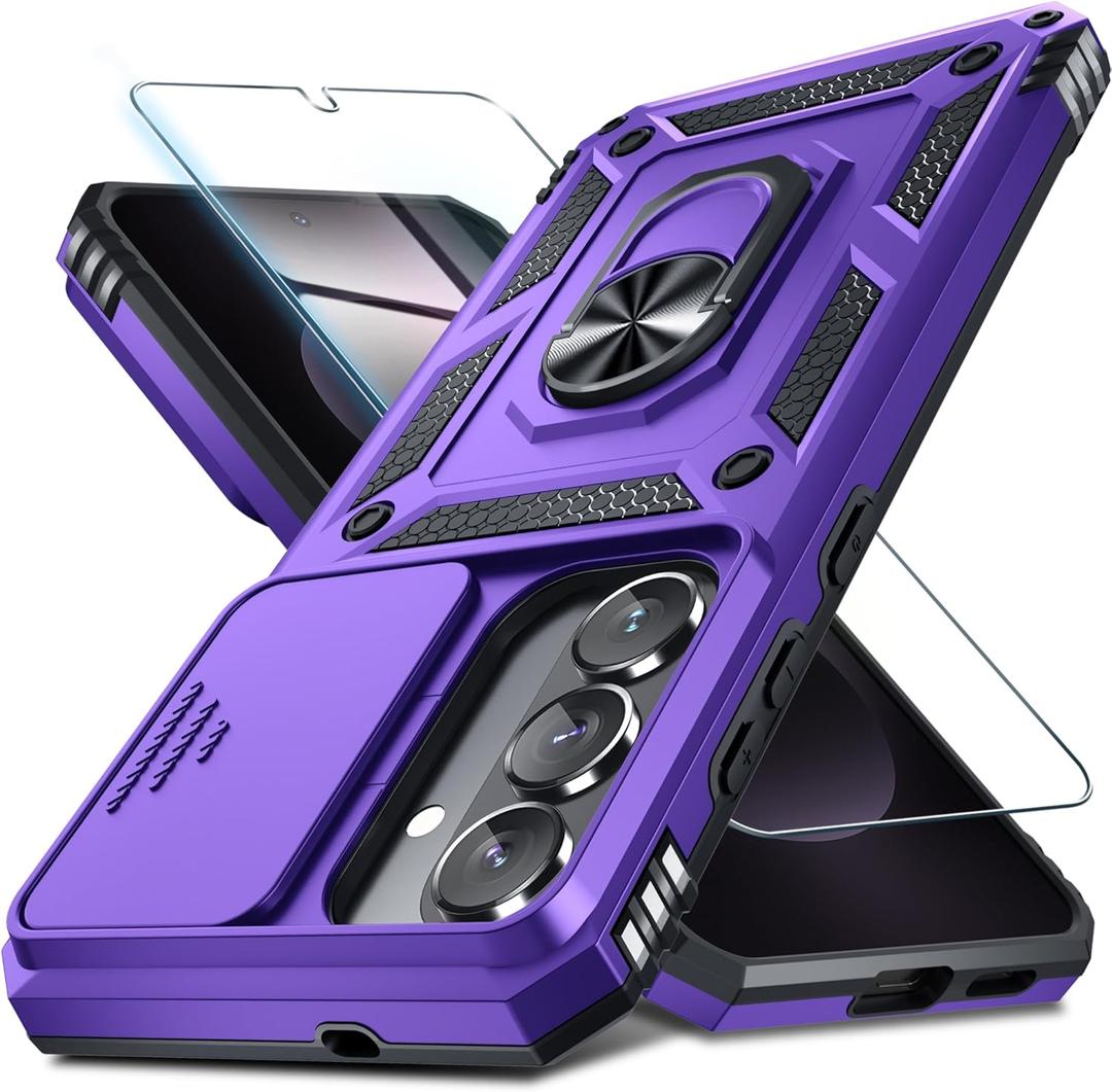 Janmitta Compatible with Samsung Galaxy S26 Case Built in Slide Camera Lens Cover+Screen Protector+Finger Ring Holder Kickstand,Heavy Duty Shockproof Full Body Phone Cover,2026 Purple