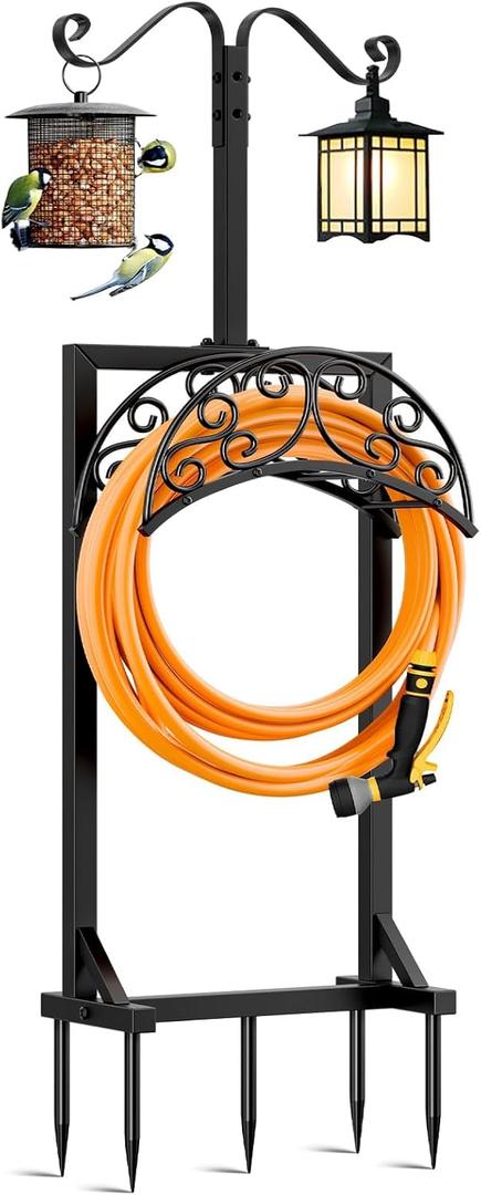 Garden Hose Holder for Outside - Upgraded Water Hose Holders with 5 Spikes & 2 Shepherds Hooks, Freestanding Hose Stand Heavy Duty Hose Hanger Hose Storage Hose Reel Rack for Outside Yard Lawn (Black)