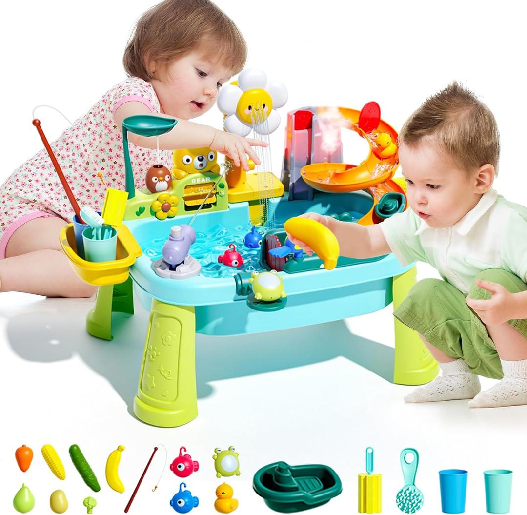 2026 Upgraded Toddler Sand Water Table Toy with Electric Water Pump, Kids Sand Water with Faucet/Play Food Accessories/Fishing Toy, Kitchen Play Sink Toys for Girl Boy Age 3+ (Blue)