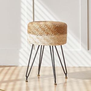 Makeup Vanity Stool, Hand Weave Natural Seagrass Footstool Ottoman, Foot Rest Dressing Stool with Metal Leg, Modern Multifunctional Vanity Stools Chair, White