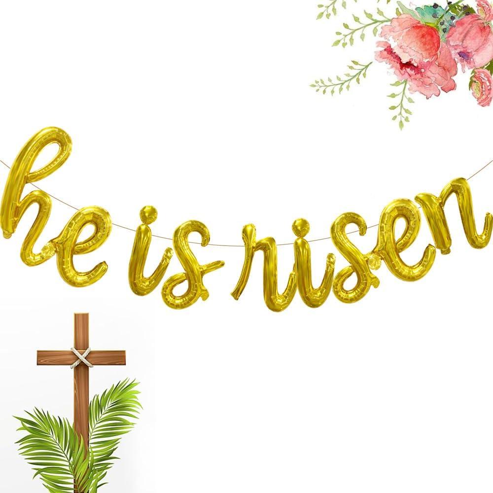 He is Risen Script/Cursive Gold Letter Balloons, 18 Inch Easter Decorations Religious Foil Balloon Christian Resurrection Party Favor for Church Egg Hunt Events Spring Holiday Celebration