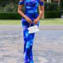 PRETTYGARDEN Cocktail Dresses for Women 2026 Summer Floral Off Shoulder Ruched Mesh Elegant Wedding Guest Maxi Dress (Blue)