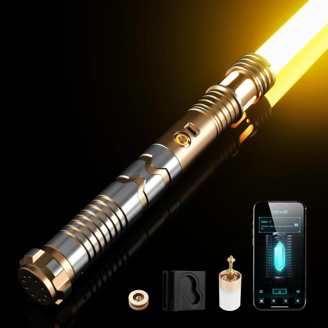 CUSTOM SABER Smooth Swing RGBX Light Saber, Motion Control for Turn on/Off The Blade, 12 Sound Fonts Support Dueling, Light Saber for Adults Gift with Belt Clip and Blade Plug-Gold (16 Sound Fonts)