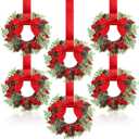 Dingion 6 Pcs 6" Christmas Mini Cabinet Wreaths Norfolk for Kitchen with Ribbon Bows Red Berry Norfolk Pine Small Window Wreath Hunging Ornament for Window Door Farmhouse Christmas Party Decorations