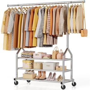 EAGMAK Heavy Duty Clothes Rack Load 688 LBS, Rolling Clothing Rack With 3 Shelves, Adjustable Metal Clothes Hanger with Wheels Portable Wardrobe Organizer Garment Rod for Hanging Clothes (Silver)