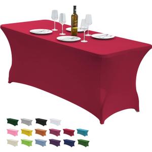 CWK 6FT Waterproof Stretch Spandex Table Cover for Rectangular Tables - Elastic Fitted Tablecloth for Folding Tables,Wrinkle Resistant Table Cloth for Parties, Weddings, Banquets & Events(Apple Red)