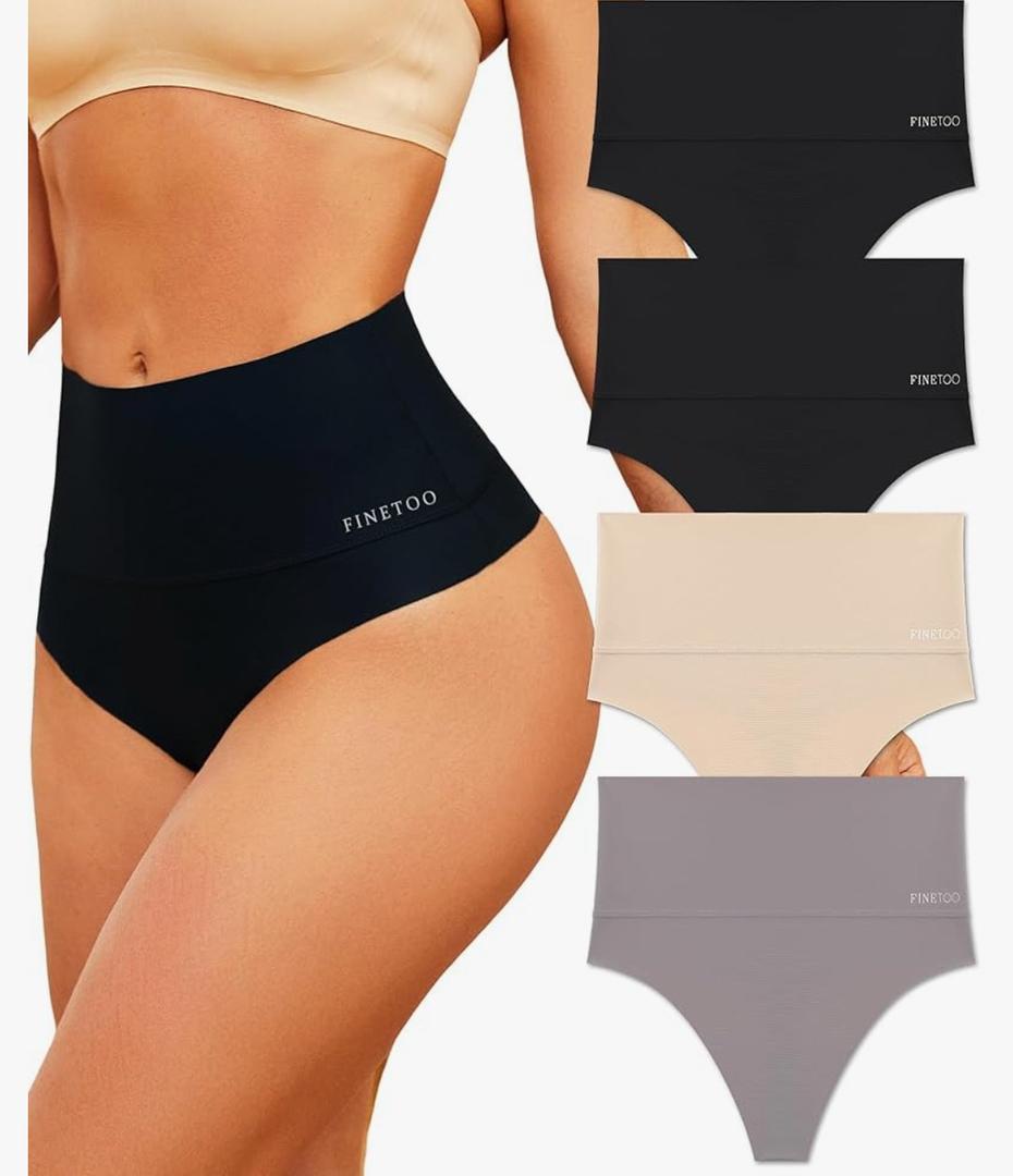 FINETOO Women Underwear High Waisted Thongs Tummy Control Seamless Thongs Shapewear No Show Panties, Pack of 4, XL