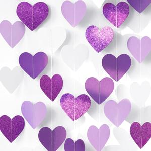 GCQQ Purple Heart Garland - 52Ft/16M Purple and White Lavender Party Decorations 4 Packs Glitter Hanging Heart Streamers for Birthday Wedding Baby Bridal Shower Bachelorette Party Backdrop Dcor