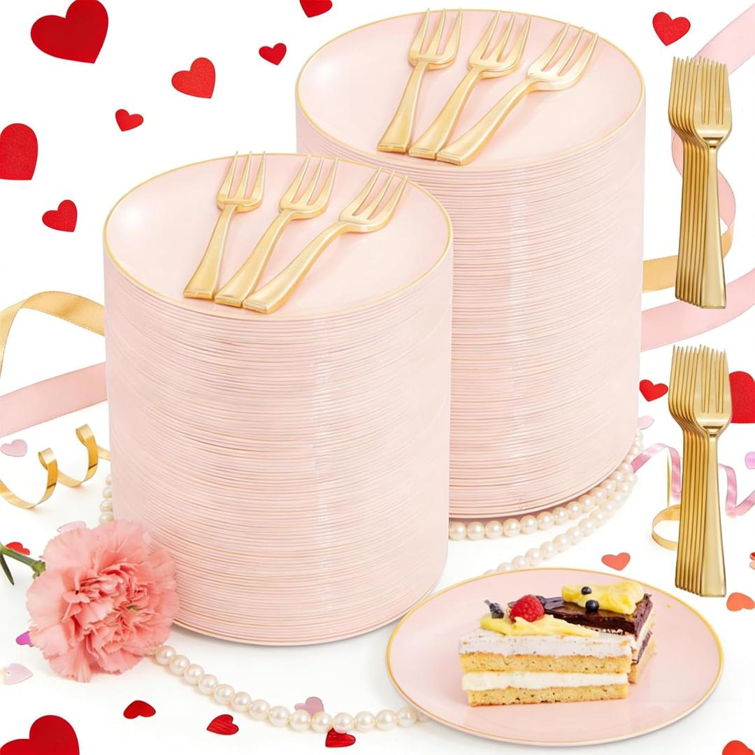 Festiva 400Pcs Pink Gold Dessert Plates 6.3" with Forks 5"- 200PCS Small Disposable Dessert/Cake/Appetizer Plates and 200PCS Forks - Serve 200 Guests for Birthday & Spring Party& Wedding &Mother's Day
