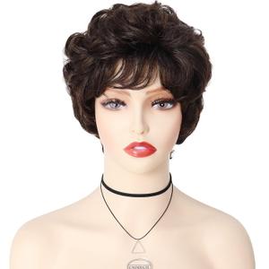 GNIMEGIL Short Dark Brown Curly Wigs with Fuffly Bangs for Women Synthetic Hair Wavy Cosplay Wigs for Daily Party Use(Dark Brown)
