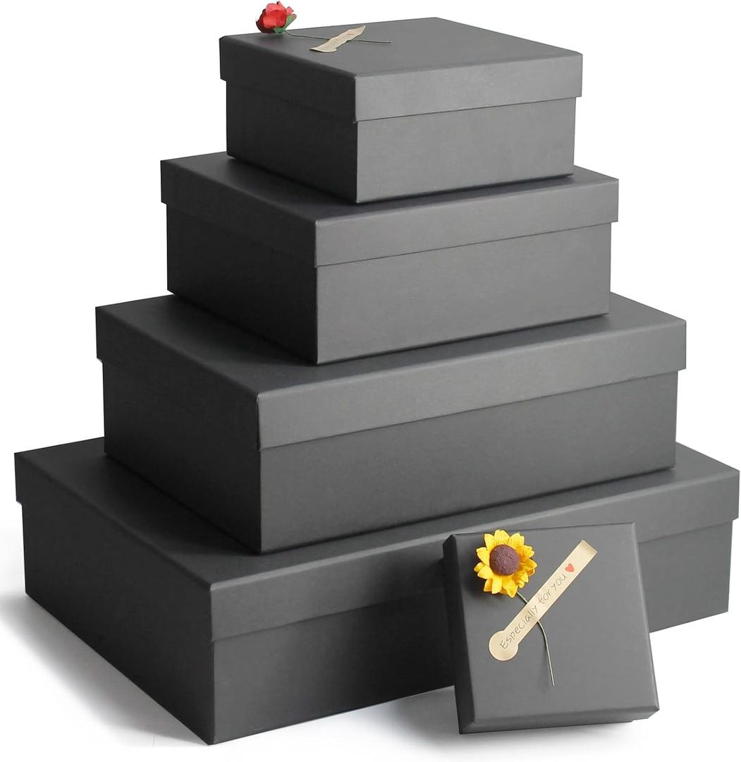 Giftilious Black Gift Boxes, a Set of 5 Gift Boxes with Lids for Presents, Pre-Wrapped Boxes for Gifts, Sturdy Present Box for Birthdays, Weddings, Anniversaries, Festivals or Special Celebration