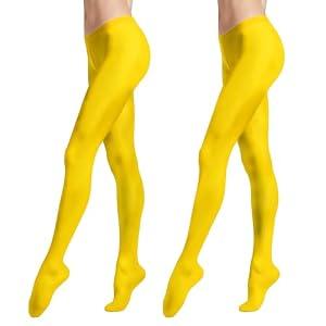 Carnavalife 2 Pair Women's Plain Color Opaque Tights, Leggings Microfiber Stretch Pantyhose (US, Alpha, S-M, Regular, Yellow)