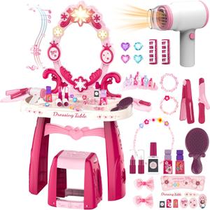Toddler Makeup Table Toy with Mirror and Chair, Kids Pretend Play Vanity Set with Lights and Sounds Hairdryer, Make Up Accessories for 3-6 Years Old Girls