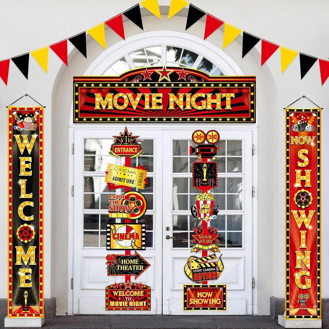 ShinyRelief 14 Pcs Movie Night Decorations Set Welcome Now Showing Door Banners Movie Theme Directional Signs for Home Film Red Carpet Event Awards Night Background Ceremony Party Supplies