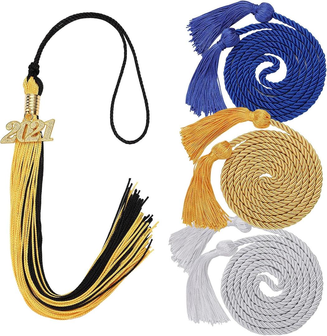 ZELARO 3 Pcs Graduation Honor Cords and 1 Pcs Graduation Tassel with 2021 Gold Charm for Graduates, Graduation Party Favors, Graduation Decoration (Black & Gold)