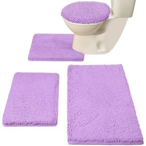 Madeals Chenille Bath Rug Set with Toilet Lid Cover and U-Shaped Toilet Floor Rug - Lavender (20"x 32"/16"x 24"/Contour/Lid Cover)
