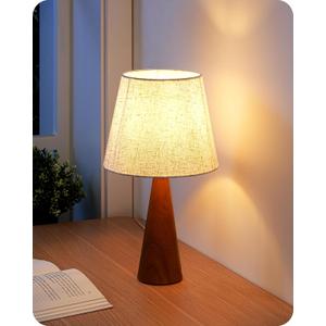 EDISHINE 13.58" Small Table Lamp, Wooden Bedside Lamp with Beige Linen Lampshade, Space-Saving Nightstand Lamp for Nursery Kids Room Bedroom Living Room, E26, ON-Off Button, Dark Rosewood Base