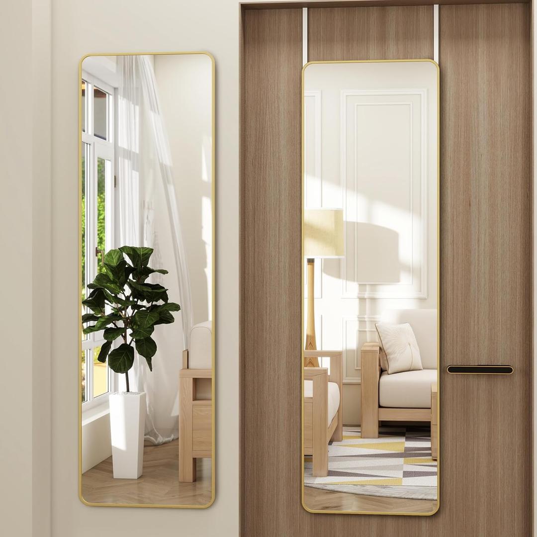 Door Mirror, Over The Door Full Length Mirror, 14"x 48" Door Hanging or Wall Mirrors, Full Body Mirrors, Rounded Corner, Gold