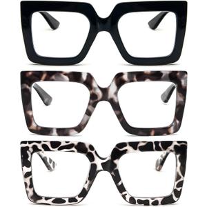 REAVEE 3 Pack Oversized Reading Glasses for Women Large Frame Extra Wide, Blue Light Blocking Stylish Thick Square Readers (Black+black Leopard+clear Leopard)