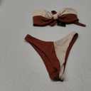 ZAFUL Strapless Bandeau Bikini Ribbed Two Tone Bow Bikini Swimsuit 2 Piece Bathing Suits(7-Coffee, M)
