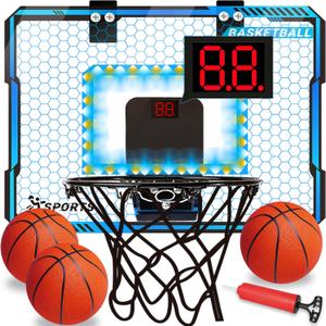 NEUBSAW Basketball Hoop Indoor with LED Lights, Basketball Toys Gifts for 5 6 7 8 9 10+ Year Old Boys Kids, Indoor Over The Door Mini Basketball Hoops with Electronic Scoreboard & 3 Balls (Blue)