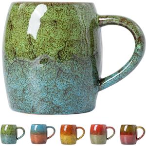 Handmade 22oz Ceramic Coffee Mug, Ergonomic Large Handle, Ideal Gift for Coffee Lovers, Microwave & Dishwasher Safe (Minute-Green&Blue)