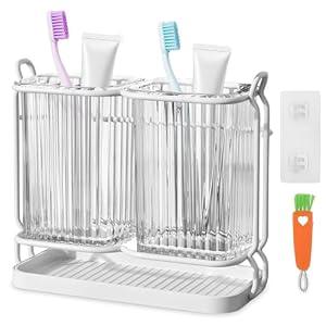 HDFCLUP Toothbrush Holders for Bathrooms, 2 Cups Toothbrush Holders Wall Mounted, Dry & Wet Separation, Bathroom Organizers and Storage, Bathroom Toothbrush Holder Set for Family Kids (White)