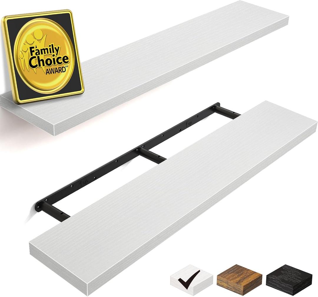 BAYKA Floating Shelves, 36 inch Wall Mounted Rustic Wood Shelves for Bathroom, Bedroom, Living Room, Kitchen, Office, Hanging Shelf for Books/Storage/Decor(White,Set of 2) (C. White - Modern Minimalist Style)