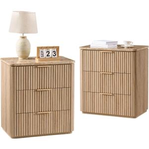 Fluted Nightstand Set of 2, 23" W Night Stand with 3 Drawers, Wood Bed Side Table with Faux Marble-Top, Curved Corner, Metal Handle, Modern Bedside Table for Bedroom, Living Room, Office, Natural Oak