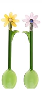 2 Pcs Flower Glass Spoons,5.9 inch Colorful Transparent Long Handled Coffee Stirring Spoons Cocktail Stirrer for Home Bar & Party Gathering