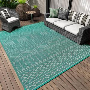 Outdoor Rug Carpet Waterproof 5x8 ft Patio Rug Mat Indoor Outdoor Area Rug for RV Camping Picnic Reversible Lightweight Plastic Straw Outside Rug for Patio Decor Decoration Boho Rug Turquoise White