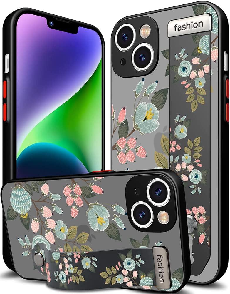 Compatible for iPhone 14 Plus Case Cute with Strap Stand Finger Kickstand, Designer Cool Silicone Cases Funda Cover - Green Flowers Spring Nature