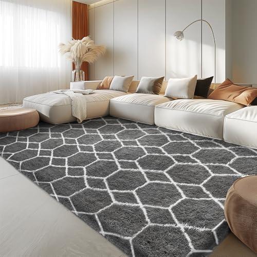 Area Rug for Living Room Bedroom, 4X6 Feet Soft Shaggy Rug, Plush Fluffy Rugs, Modern Moroccan Geometric Carpets, Anti-Skid Durable Carpet for Kids Dorm Nursery, Dark Grey and White